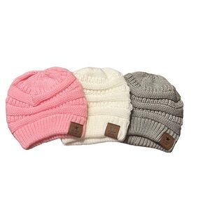 Cozy Kids Beanie Set - Pink, Cream, and Gray